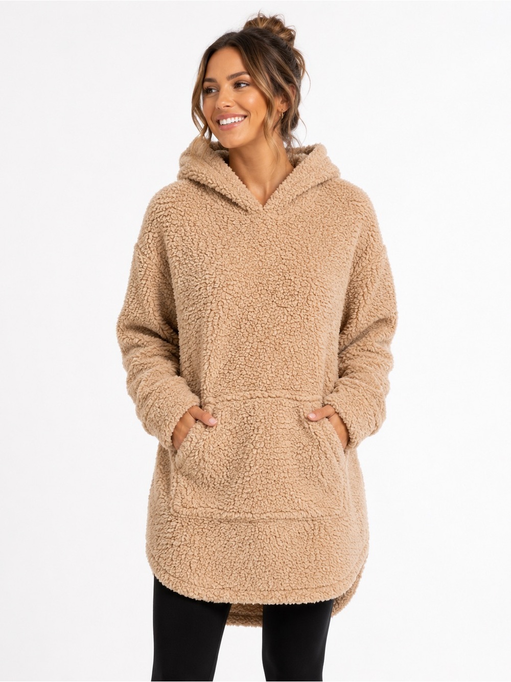 Koolaburra by UGG Teddy Sherpa Hooded Pullover Hoodie Tunic Beige Medium